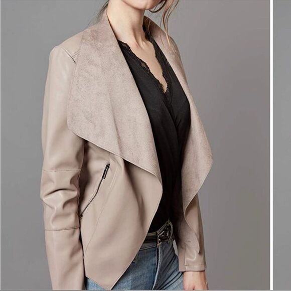 Escalier Faux Leather Jacket Slim Open Jacket NWT Khaki Tan  Blazer Size Small - Picture 1 of 15
